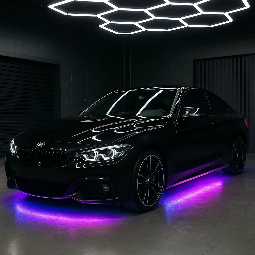 BMW with custom LED underglow lighting installed at Prime AutoStyle Solutions in Circleville