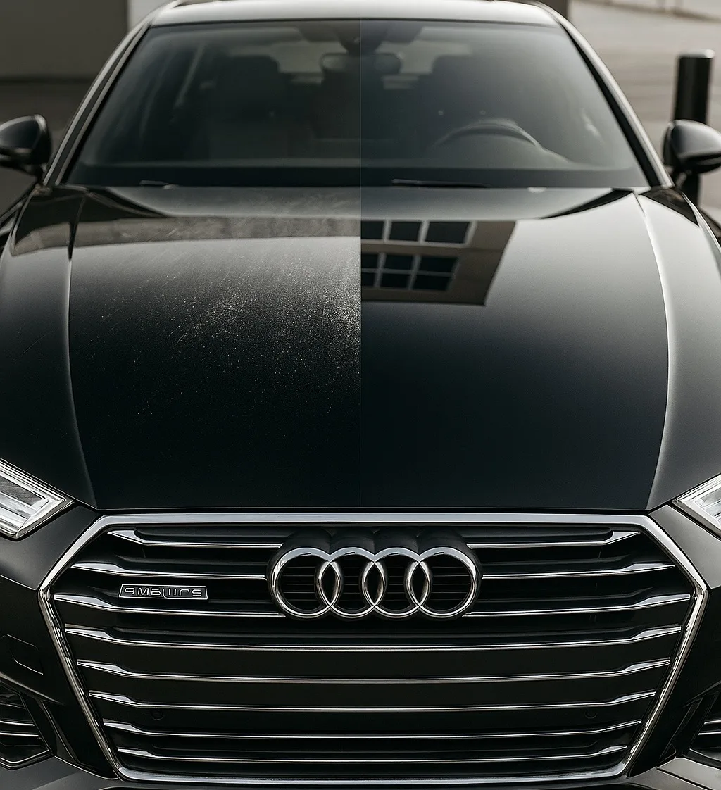 Audi hood split down the middle showing dull swirled paint on the left and glossy ceramic coated paint on the right