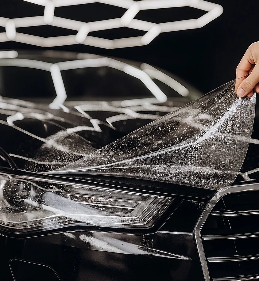 Paint protection film being hand-applied to a vehicle panel at Prime AutoStyle Solutions