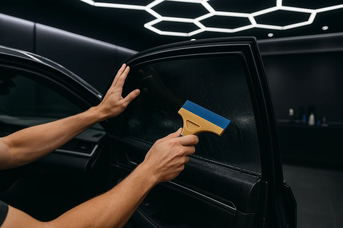 Window tint film being squeegeed onto a car window in Circleville, Ohio
